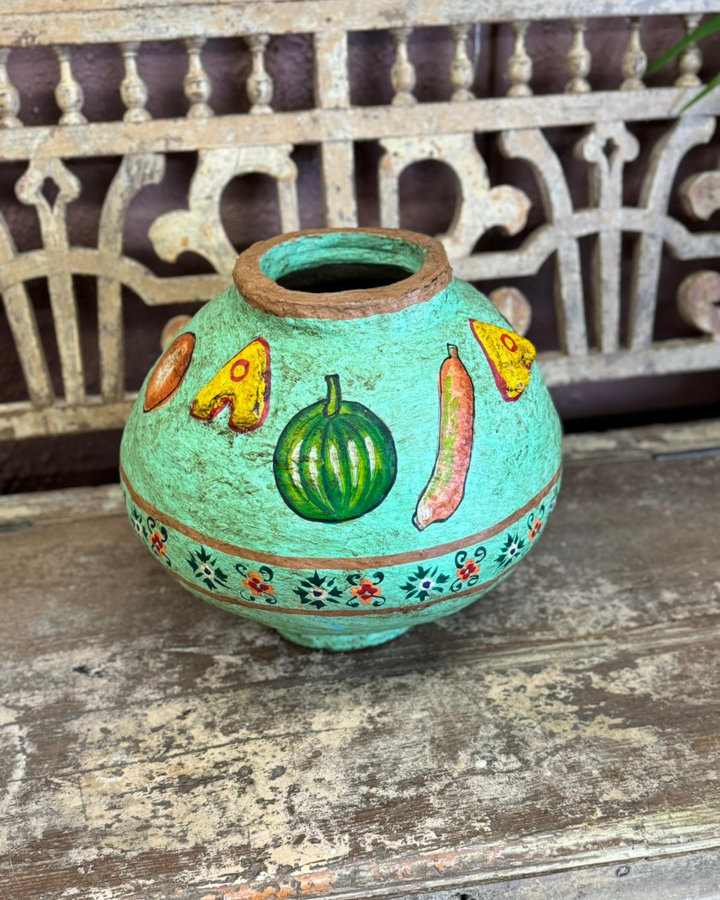 Handcrafted Indian Paper Mâché Pot with Traditional Fruit Motifs - Turquoise