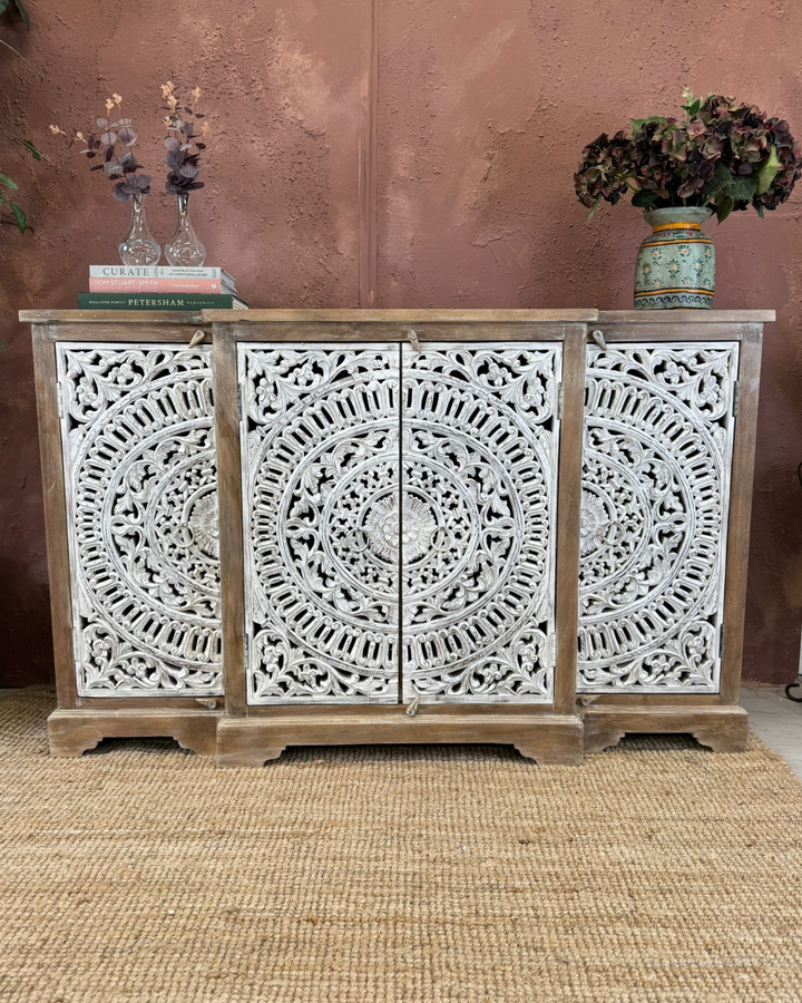 Hand-Carved Mango Wood 4-Door Sideboard with Whitewashed Floral Detailing