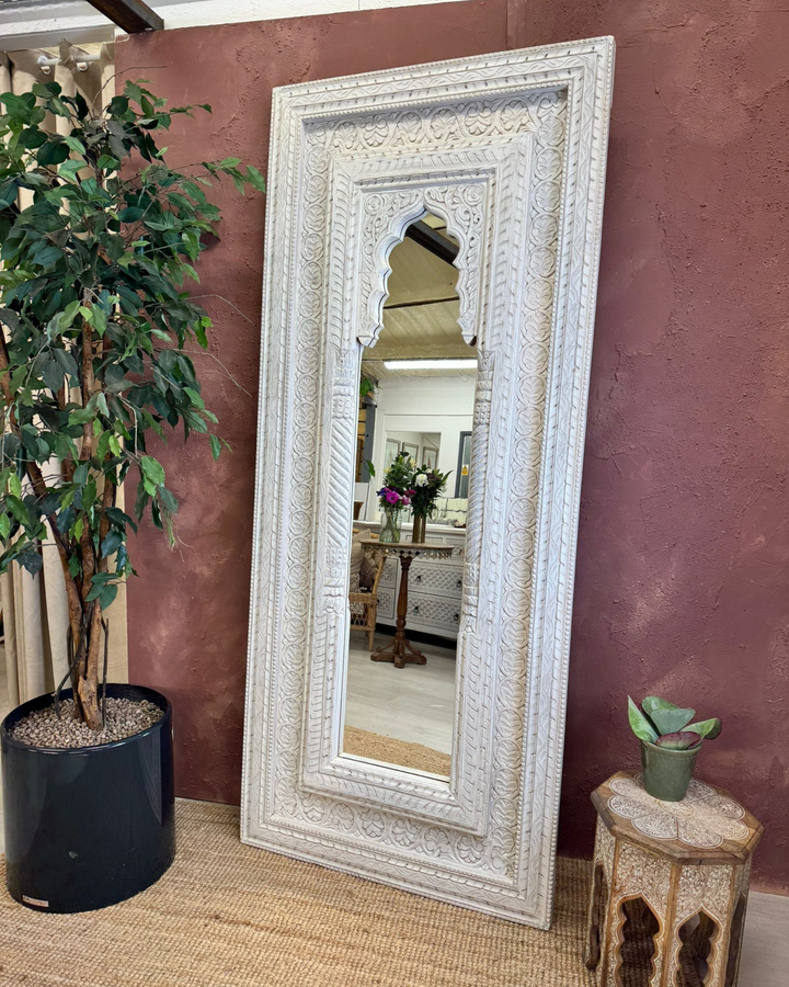 Tall Arch Mango Wood Floor Mirror – Hand-Carved and Whitewashed