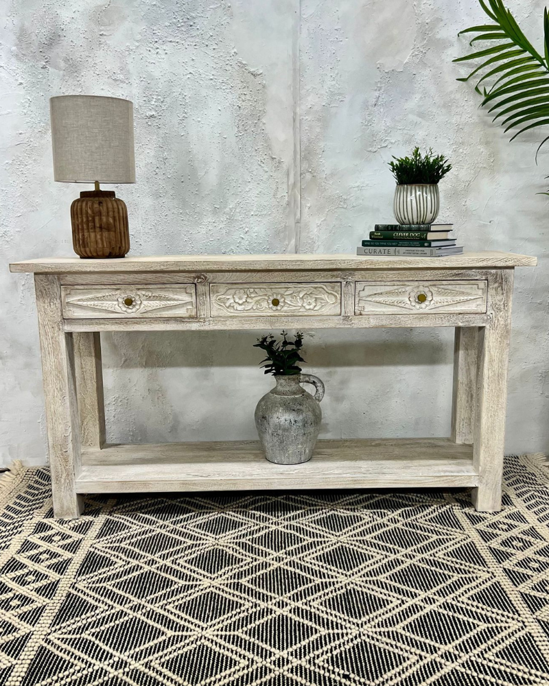 sandblasted carved console table