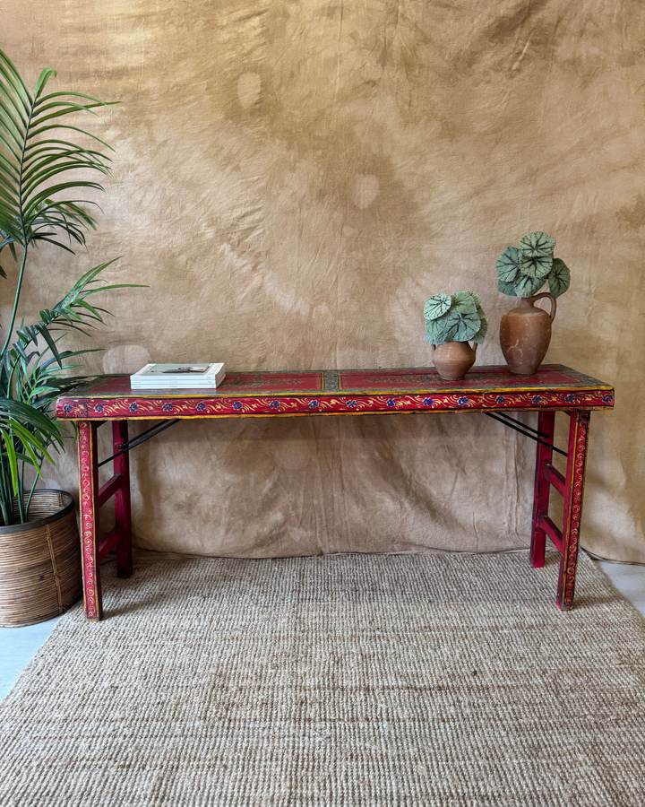 Vintage Hand-Painted Trestle Console Table – Red Floral Design