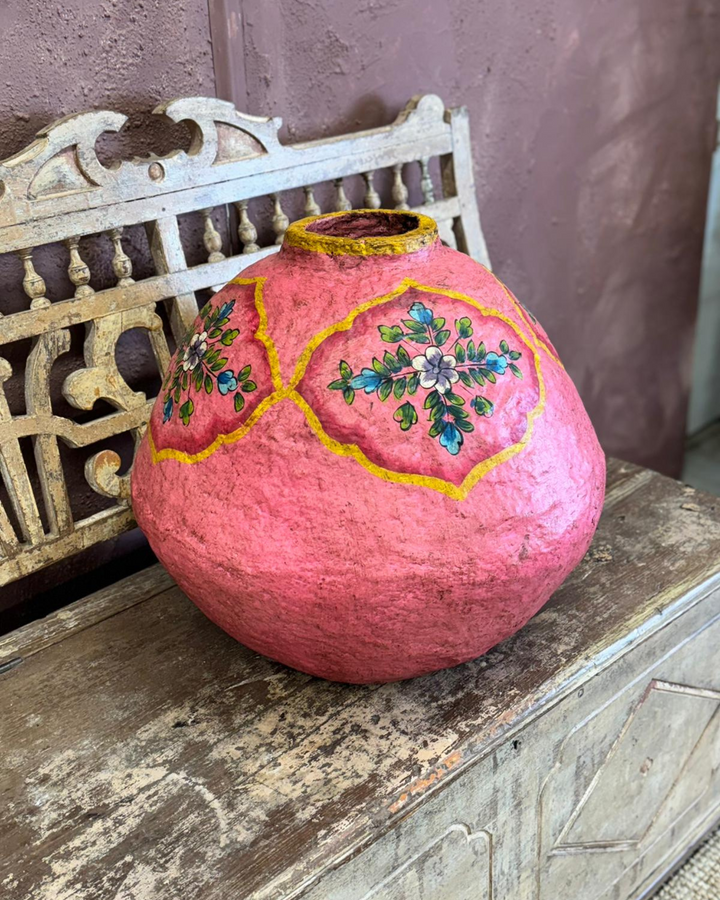 Handcrafted Indian Paper Mâché Pot - Vibrant Pink Floral Design