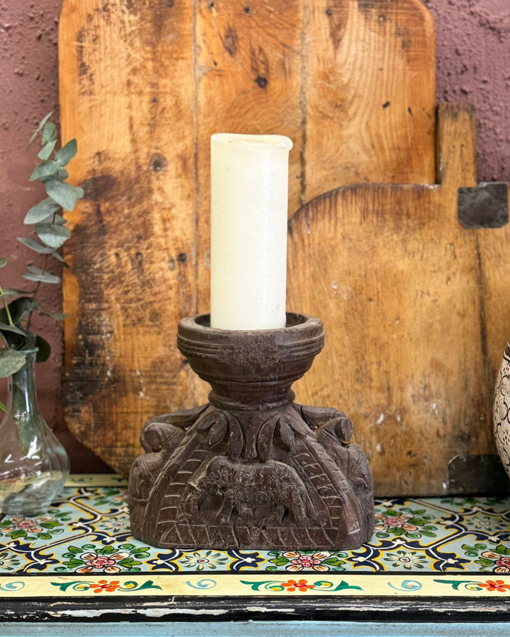 Hand-Carved Elephant Mango Wood Candleholder - Wide Base for Scented Candles