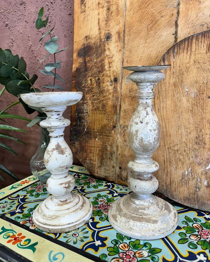 Set of 2 Rustic Whitewashed Mango Wood Candlestick Holders