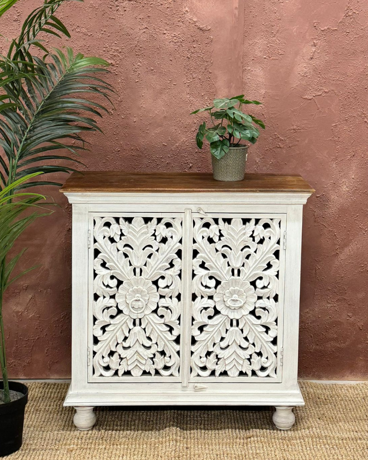 Elegant Whitewashed Hand-Carved Mango Wood Sideboard