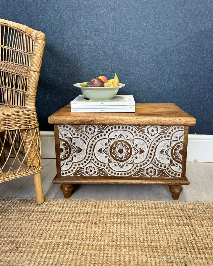 Ornately Carved Mango Wood Storage Chest