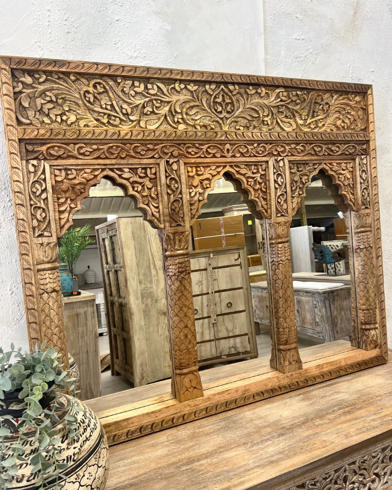 Polished Mango Wood 3 Arch Indian Mirror