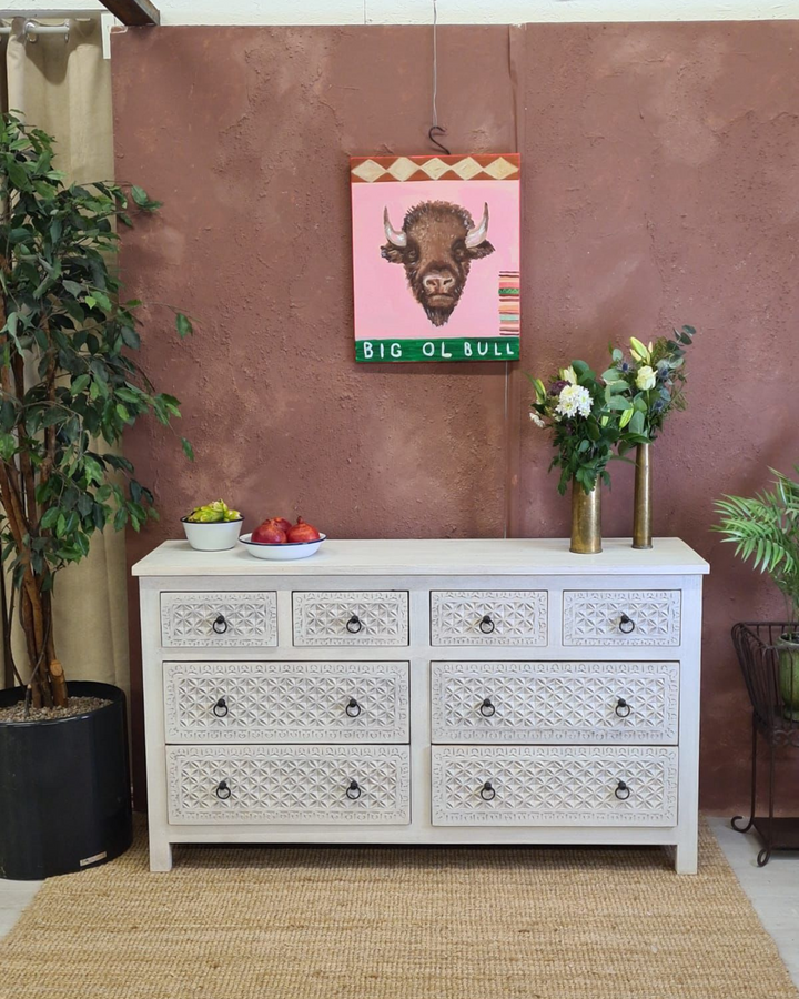 Whitewashed Mango Wood Chest of 8 Hand-Carved Drawers