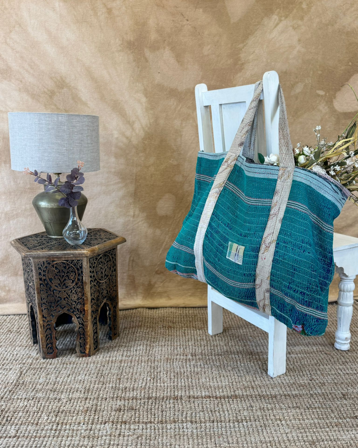 Handmade Upcycled Sari Tote Bag – Teal Stripe | Multi-Purpose Everyday & Beach Bag