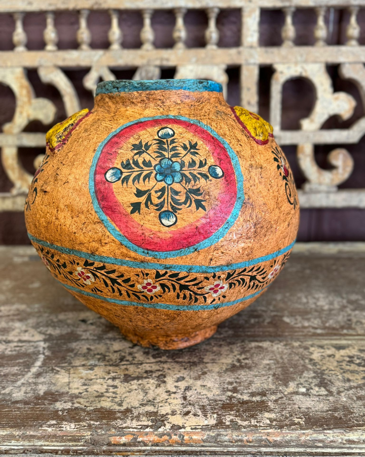 Hand-Painted Indian Papier-Mâché Planter – Vibrant Orange and Turquoise