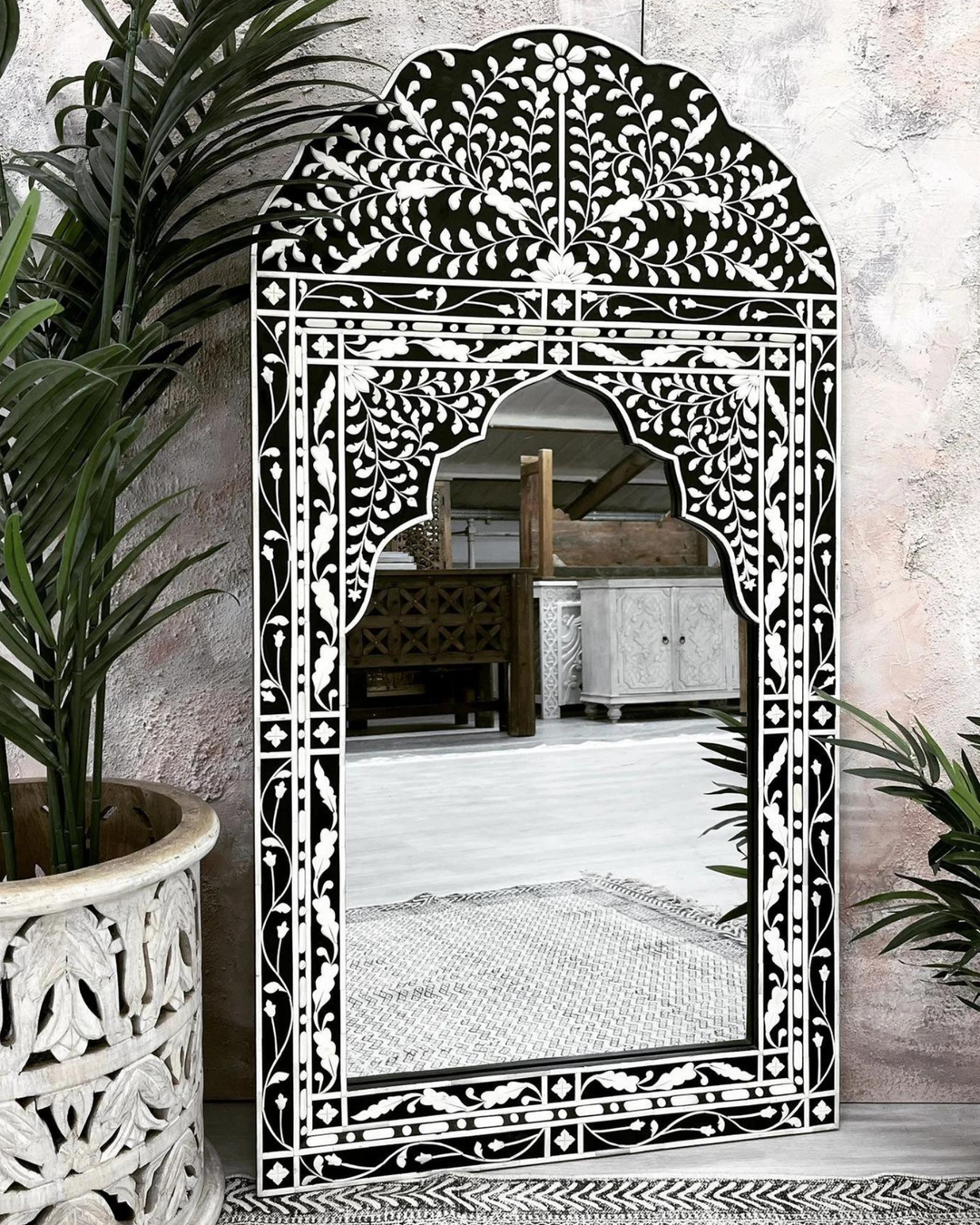 Majestic Black Mirror with Bone Overlay Floral Pattern