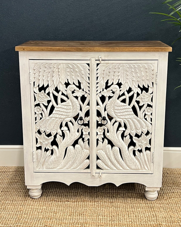 Handcrafted Two Door Peacock Carved Mango Wood Sideboard - Whitewashed