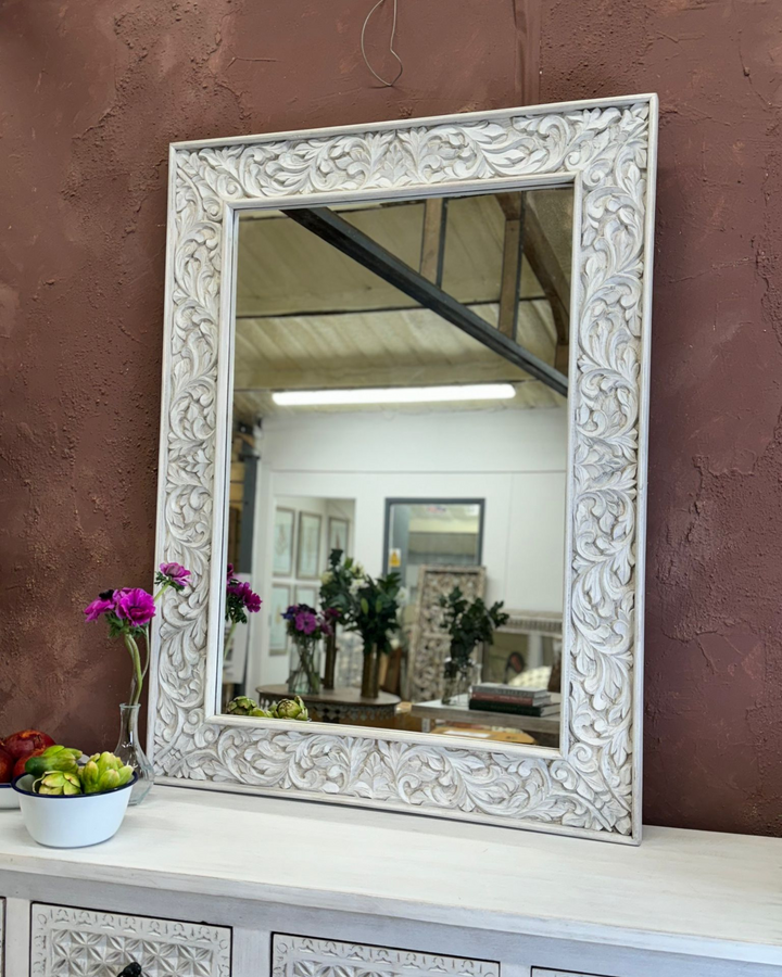 Versatile Hand-Carved Mango Wood Wall Mirror – Whitewashed Finish