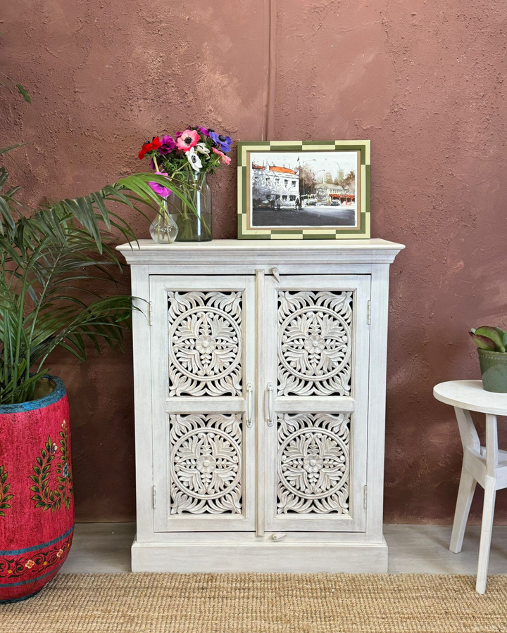 Whitewashed Hand-Carved 2-Door Sideboard