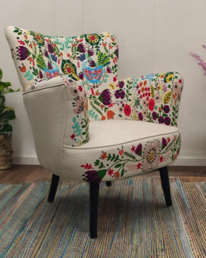 Hand-Embroidered Cotton Wingback Armchair & Footstool Set