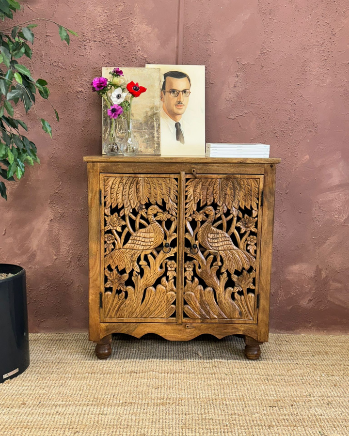 Handcrafted Two Door Peacock Carved Mango Wood Sideboard