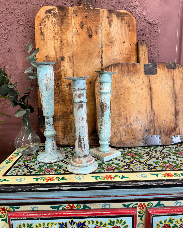 Set of 3 Vintage Mango Wood Candlestick Holders – Rustic Blue Patina