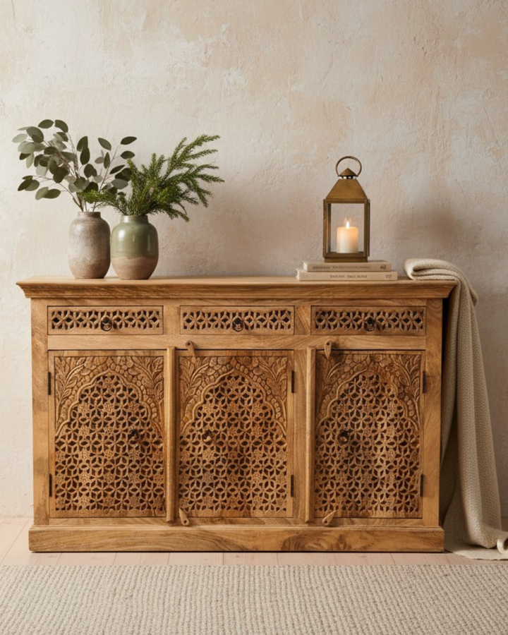 Three Door & Three Drawer Mango Wood Sideboard — Natural Polished Finish