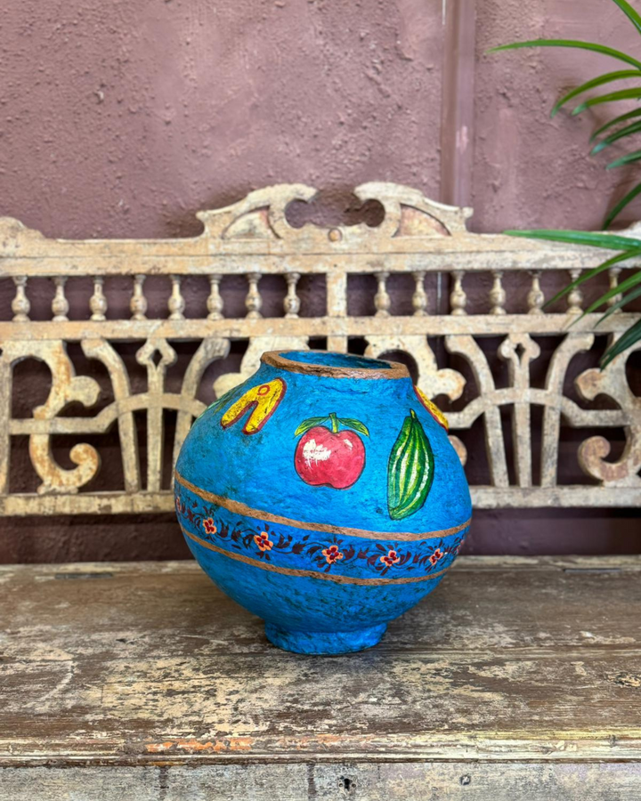 Hand-Painted Blue Paper Mâché Decorative Pot - Indian Artistry with Vibrant Fruit Motifs