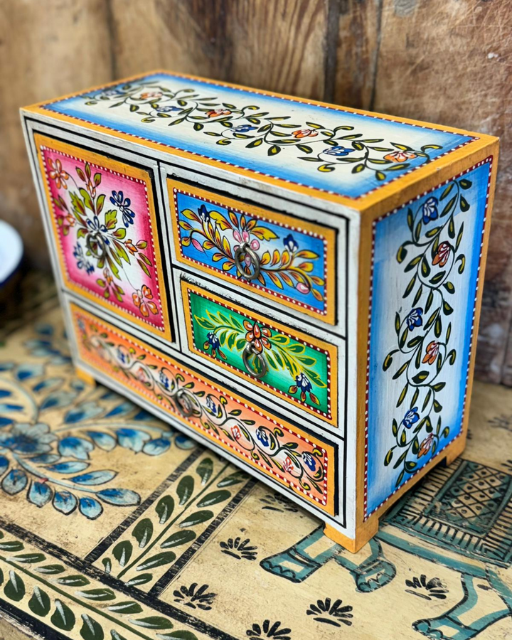 Hand-Painted Indian Mini Chest of Drawers with Floral Design