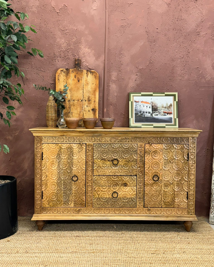 Hand-Carved Flower Design Natural Mango Wood Sideboard