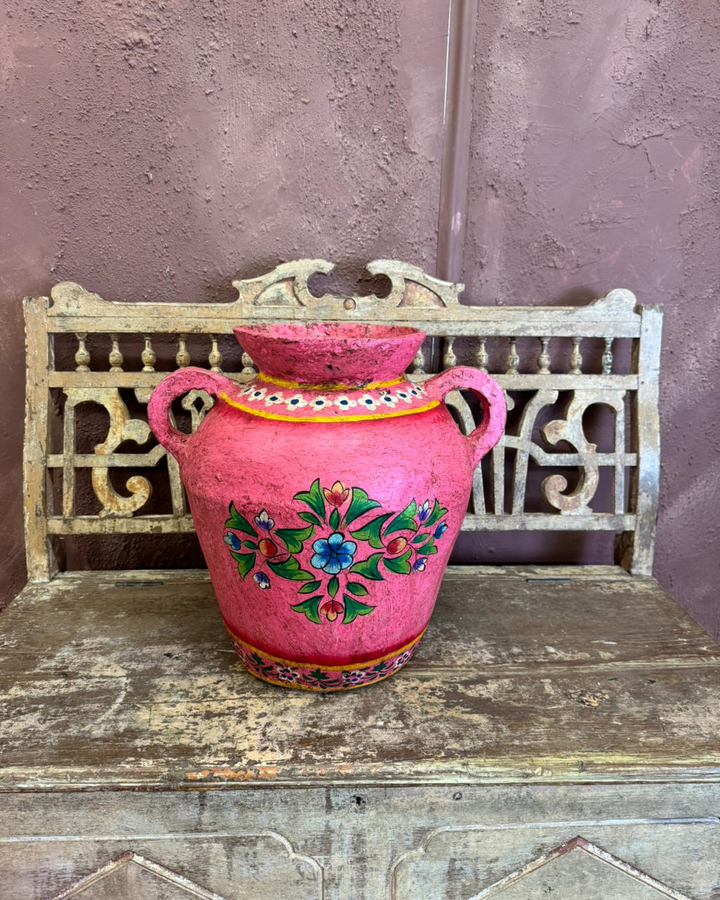 Handcrafted Pink Paper Mâché Pot with Handles – Traditional Floral Design