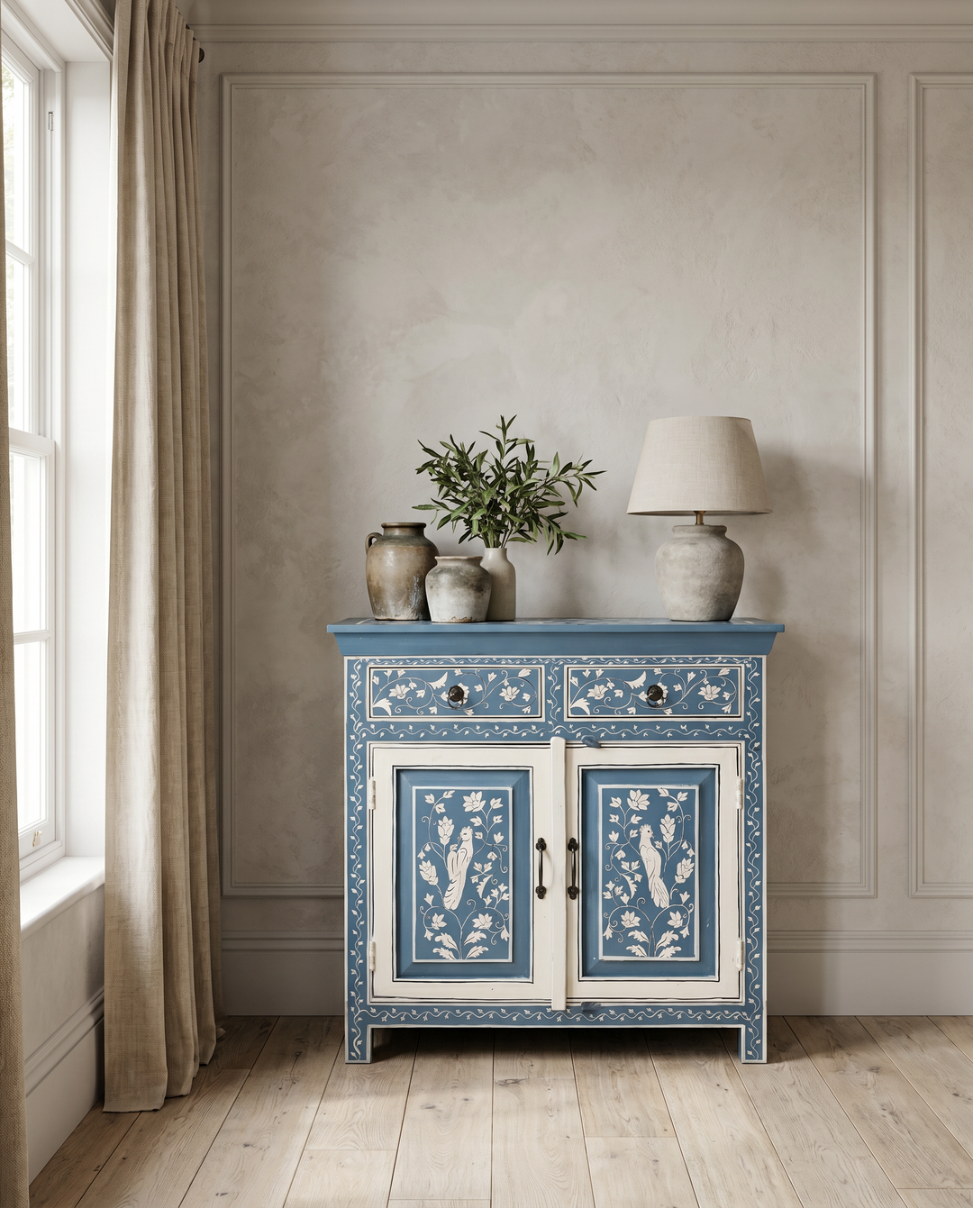 Hand-Painted Blue Mango Wood Sideboard – Two Door Two Drawer Cabinet