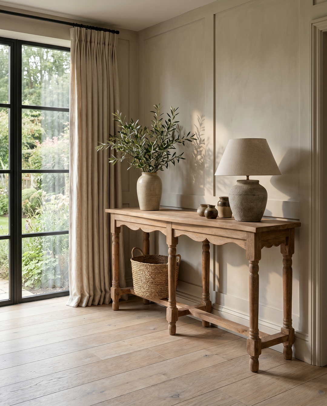 Handcrafted Mango Wood Console Table – Natural Polished Finish with Turned Legs