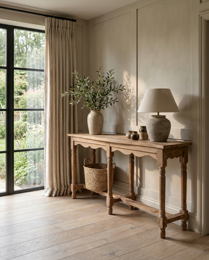 Handcrafted Mango Wood Console Table – Natural Polished Finish with Turned Legs