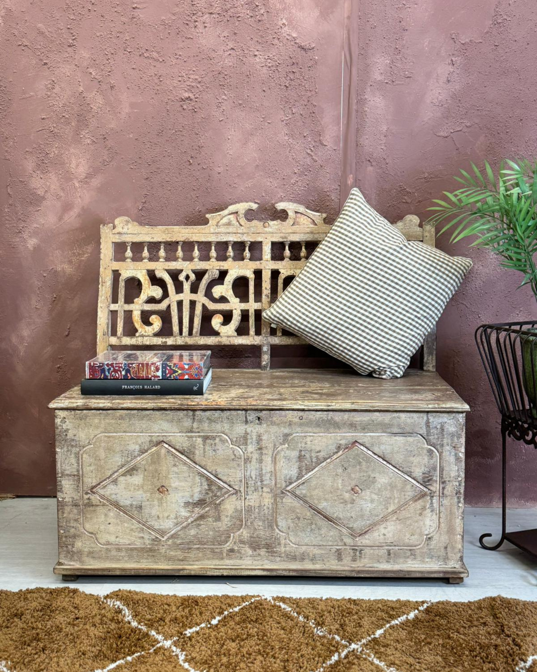 Vintage Reclaimed Teak Bench Seat with Backrest and Hidden Chest Compartment