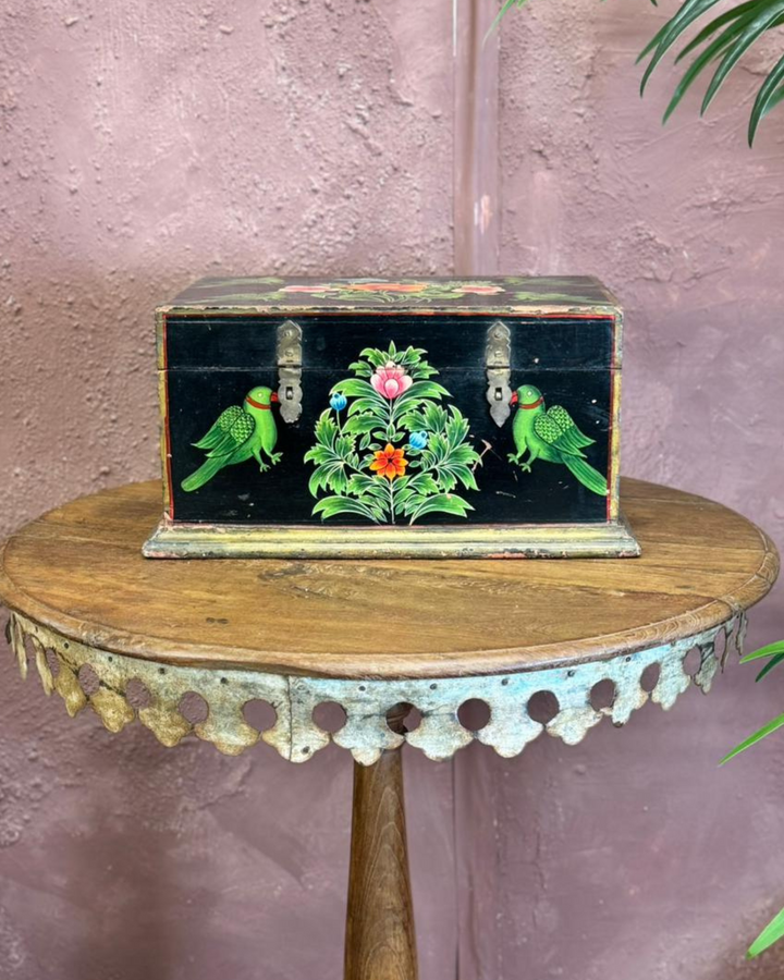 Hand-Painted Wooden Box with Floral and Bird Design