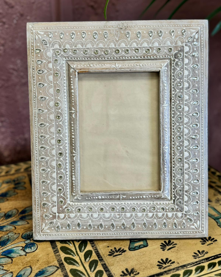 Mango Wood Photo Frame with Intricate Traditional Pattern - 27cm x 22cm