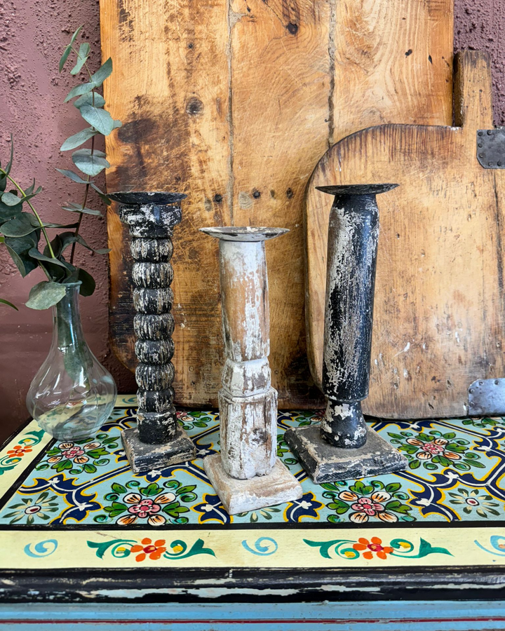 Set of 3 Vintage Mango Wood Candlestick Holders – Black & White