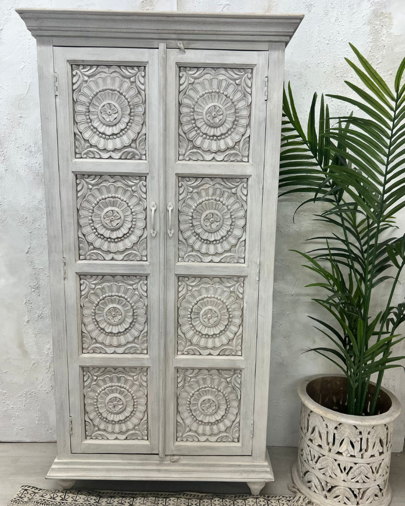 Hand-Carved Mango Wood Armoire with Petal Detailing