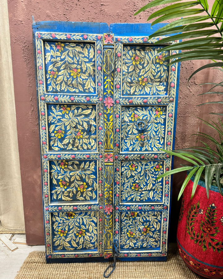 Reclaimed Vintage Hand-Painted Indian Wooden Door – Intricate Floral Artistry