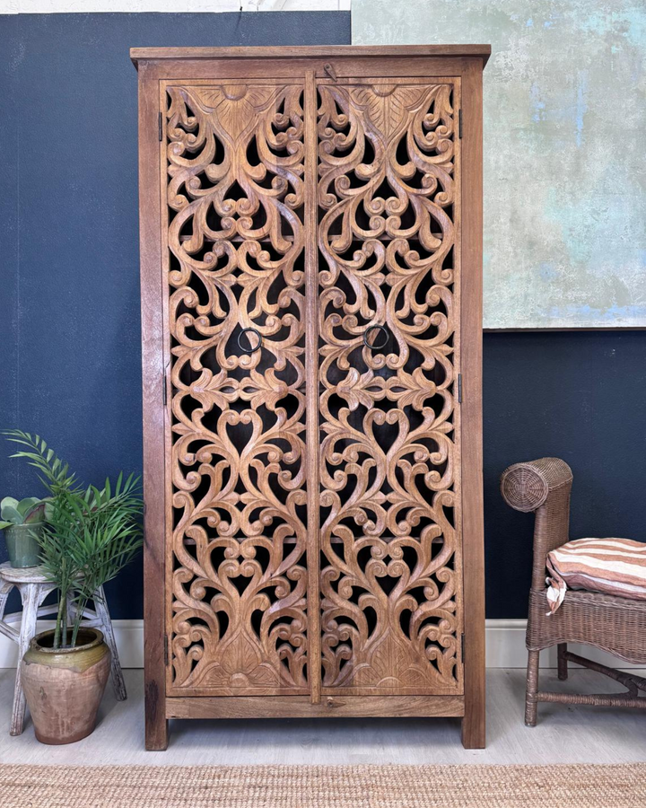 Hand-Carved Mango Wood Armoire – Natural Polished Finish