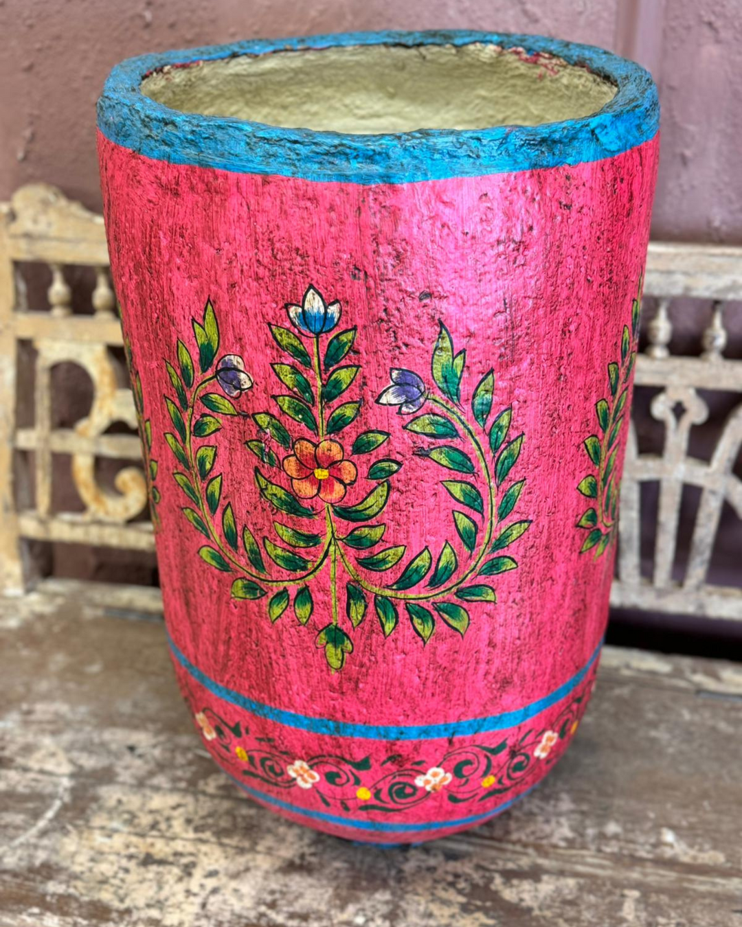 Hand-Painted Indian Paper Mâché Planter – Pink & Turquoise Floral Design