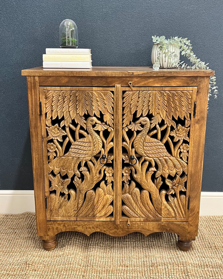 Two Door Mango Wood Sideboard with Peacock Carved Detailing