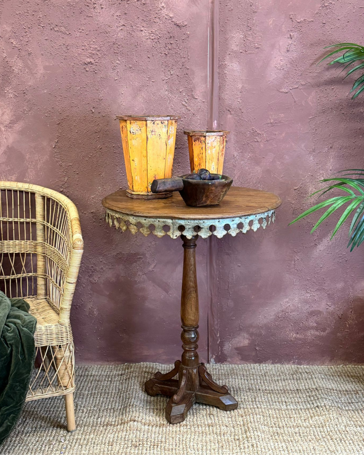 Reclaimed Teak Side Table with Intricate Iron Border