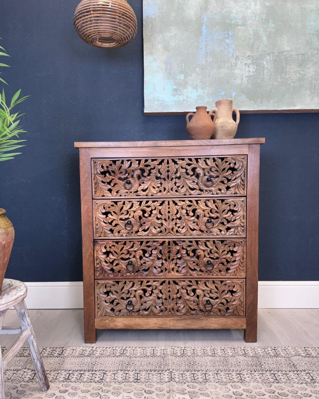 Hand-Carved Mango Wood 4 Drawer Chest