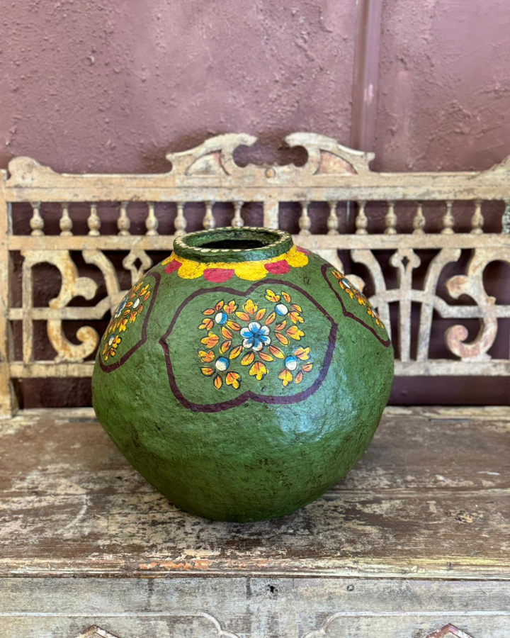 Hand-Painted Green Paper Mâché Decorative Pot