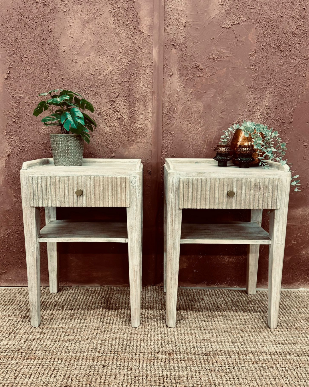 Pair of Single Drawer Cream-Washed Mango Wood Bedside Tables
