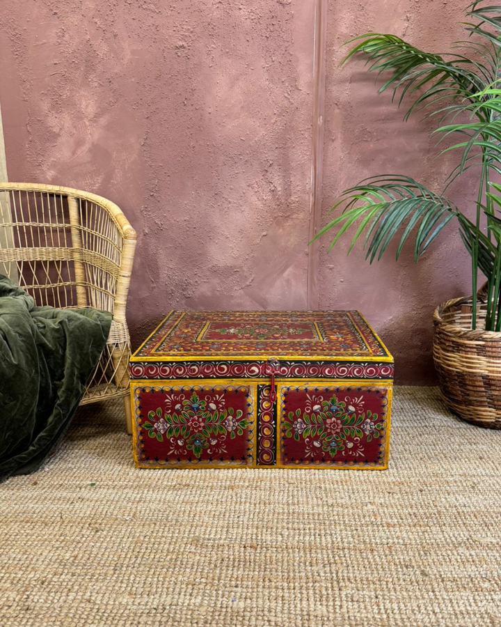 Hand-Painted Floral Storage Box in Recycled Wood