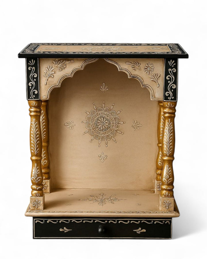 Compact Mango Wood Mandir – Dark Green & Gold with Mandala Detail