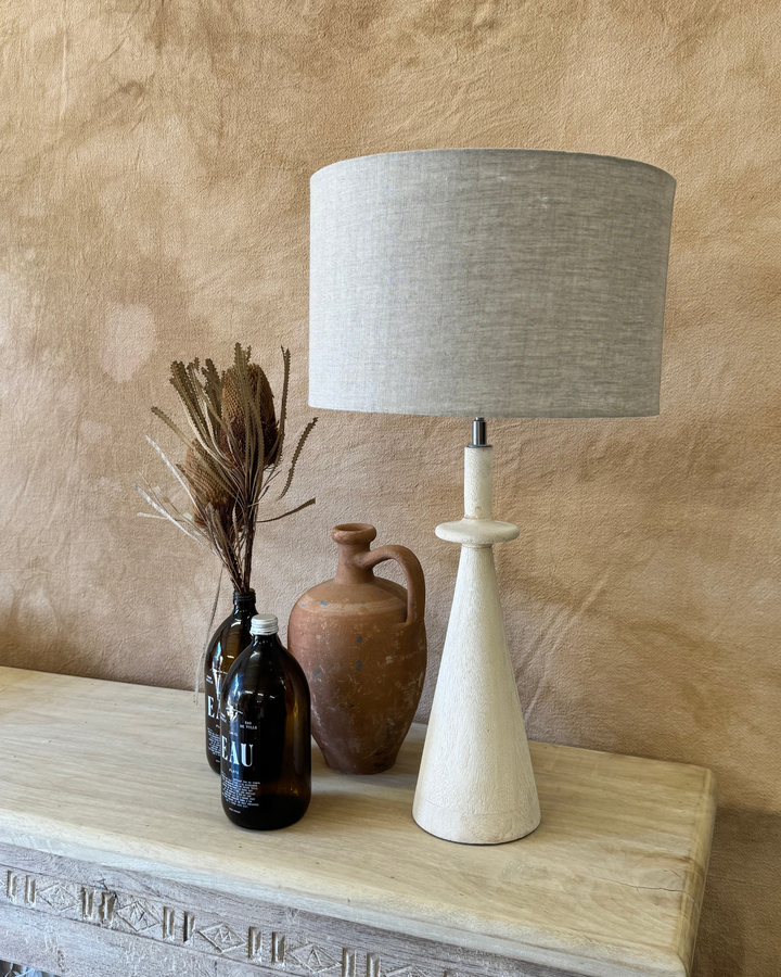Whitewashed Mango Wood Table Lamp – Natural Linen Shade