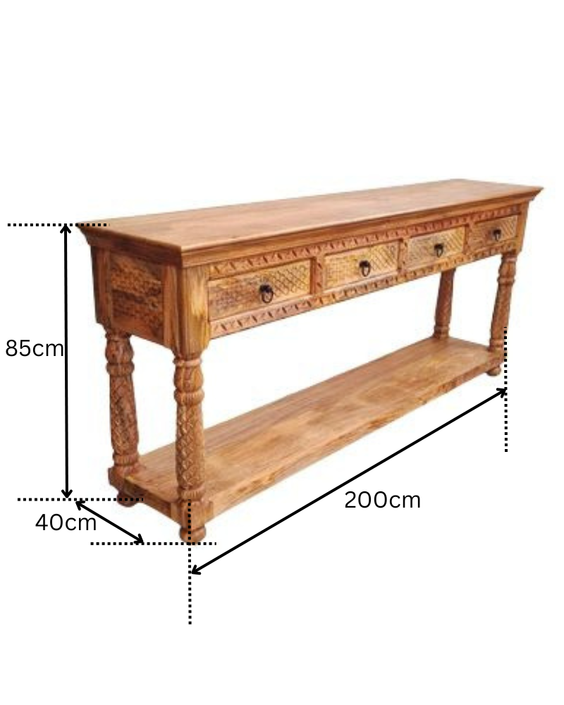 Ornate Four Drawer Mango Wood Console Table