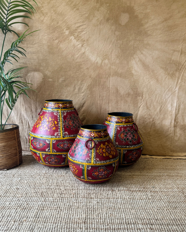 Hand-Painted Vintage Iron Pots – Red Floral Motif | Reclaimed Set of 3