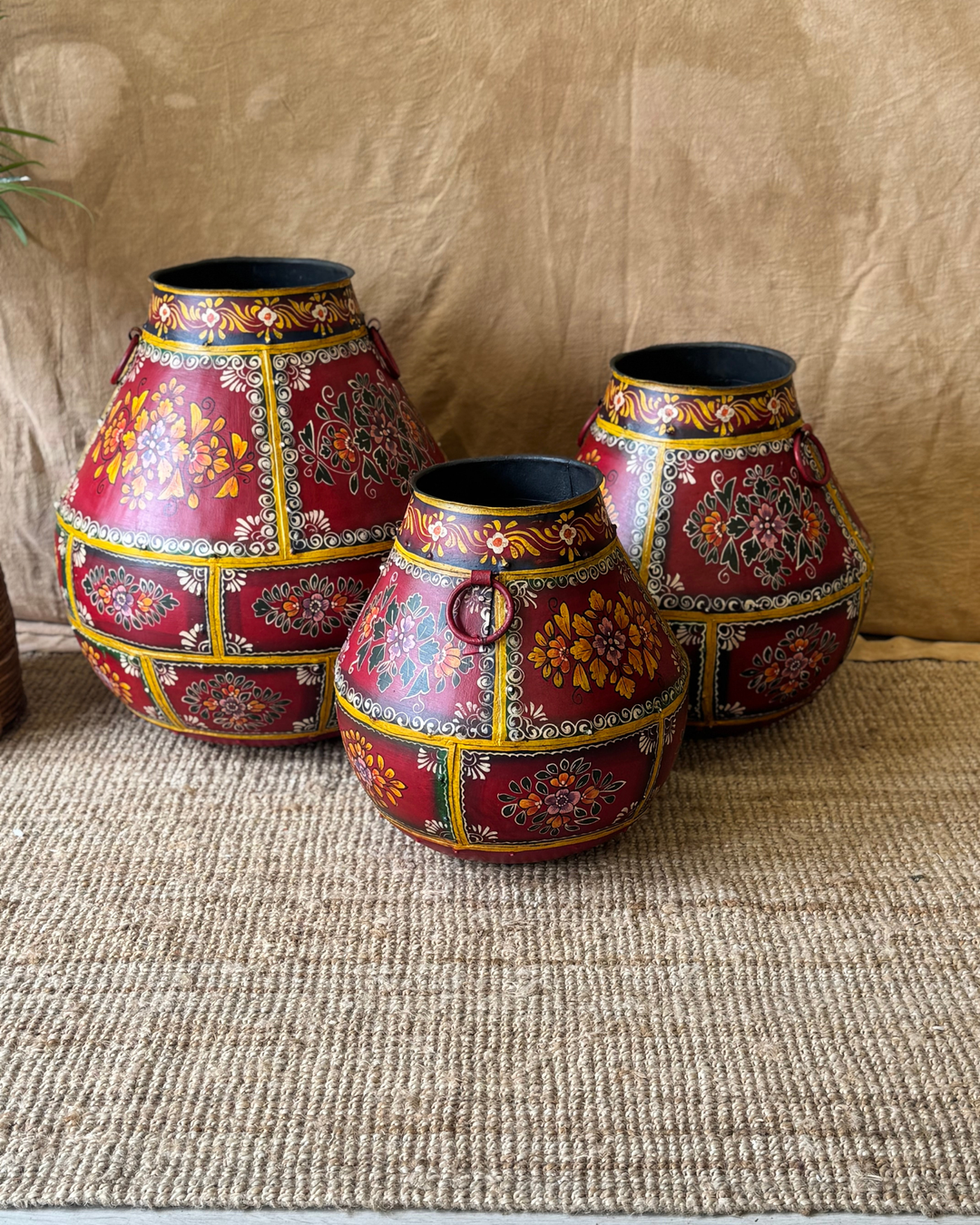 Hand-Painted Vintage Iron Pots – Red Floral Motif | Reclaimed Set of 3