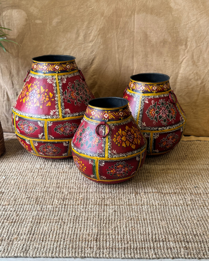 Hand-Painted Vintage Iron Pots – Red Floral Motif | Reclaimed Set of 3
