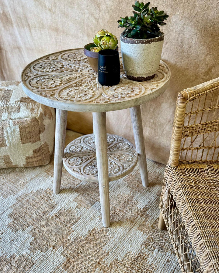 Hand-Carved Mango Wood Circular Side Table with Shelf – Creamwash Floral Design